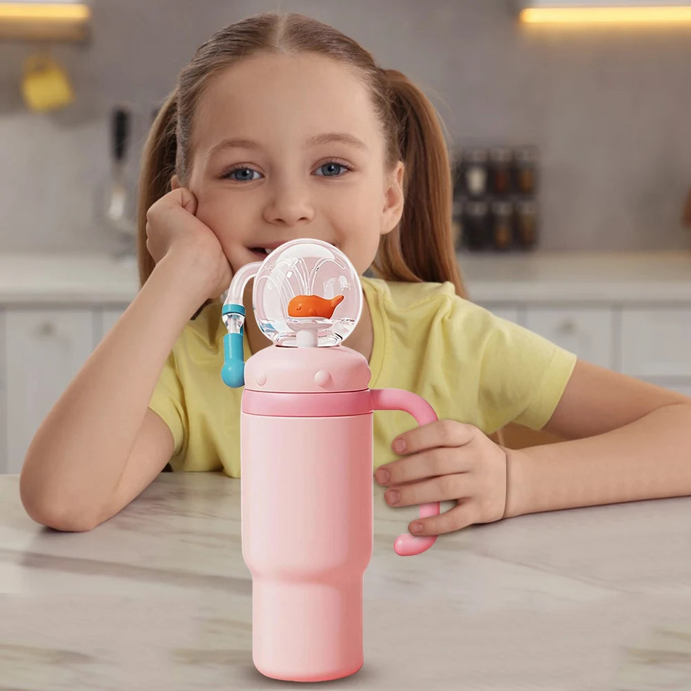 710ML Stainless Steel Whale Fountain Tumbler with Handle Leak Proof Whale Squirt Drinking Cup Water Bottle with Straw Cute Gift