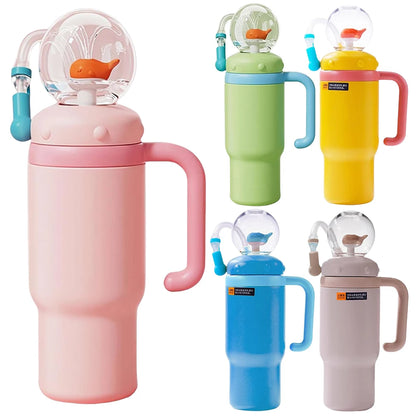 710ML Stainless Steel Whale Fountain Tumbler with Handle Leak Proof Whale Squirt Drinking Cup Water Bottle with Straw Cute Gift