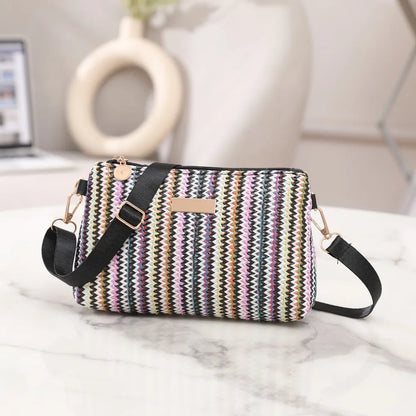 Trendy Colorful Rainbow Woven Bag Adjustable Strap Travel Organizer Girls Shoulder Bag Portable Crossbody Bag Casual Outing