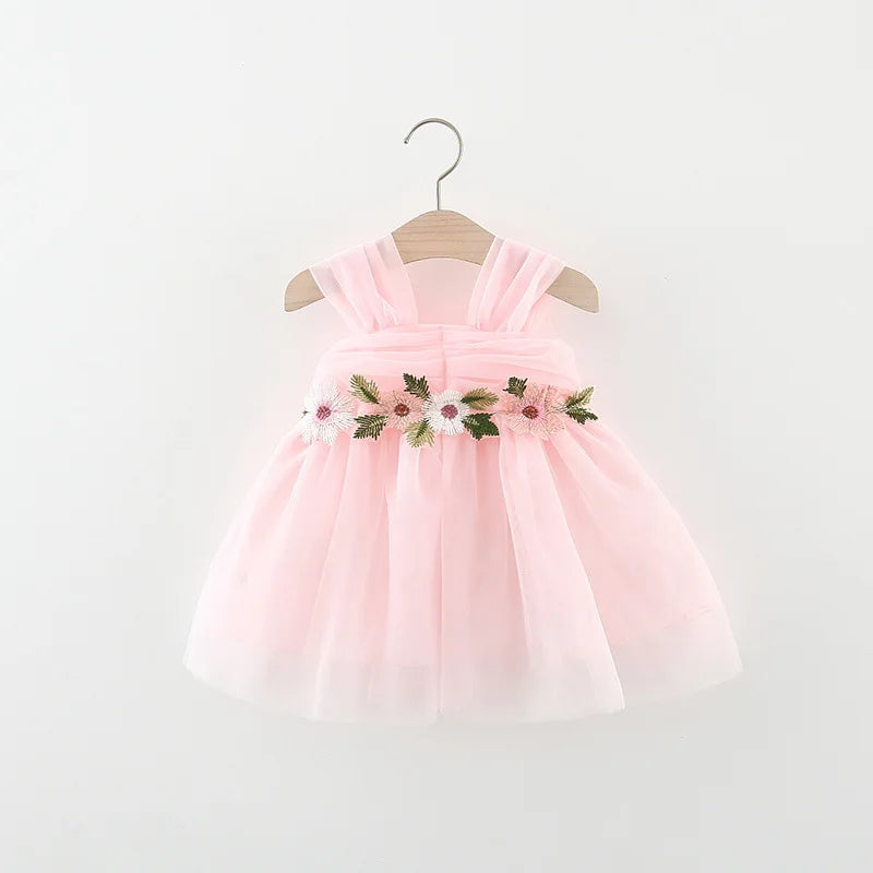 Sweet Flower Fairy Baby Girl Party Dresses Summer Solid Color Mesh Princess Evening Dress Kids Costume 0 to 3 Years Old Children