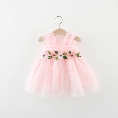 Sweet Flower Fairy Baby Girl Party Dresses Summer Solid Color Mesh Princess Evening Dress Kids Costume 0 to 3 Years Old Children