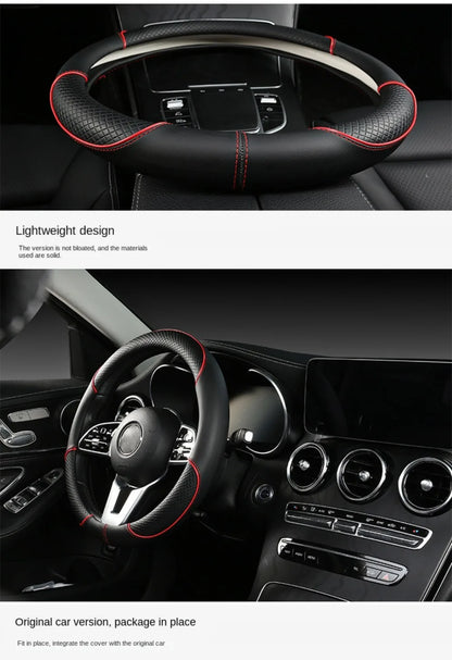 Anti Slip Steering Wheel Cover Leather Breathable Steer Wheel Protector Red Blue Strip Trim Steering Cover for Fits 37.5-38cm