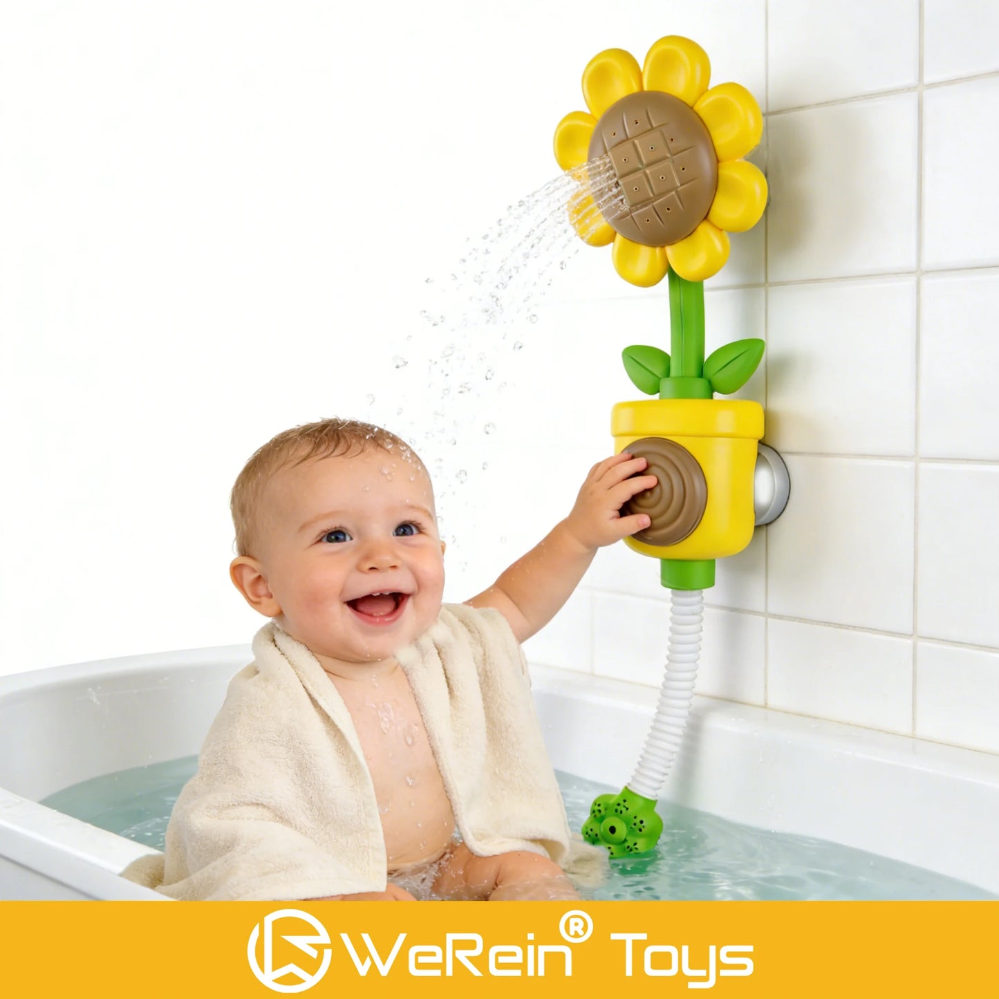 WeRein Sunflower Shaped Manual Press Sprinkler Baby Bath Toy 18M+ Fun Water Pressure Sprayer Primary Colors for Toddlers