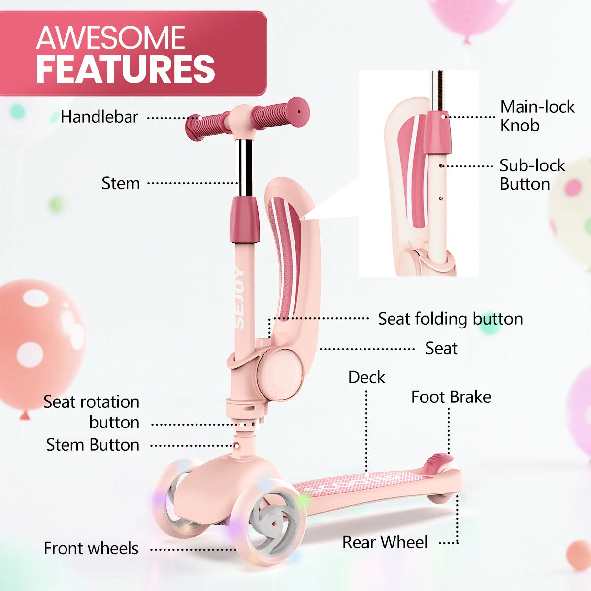 Sejoy Kids Scooter with 3-Wheeled LED Lights,Adjustable Lean-to-Steer Handlebar,Foldable Seat,Sit or Stand Ride,for 3-8 Years