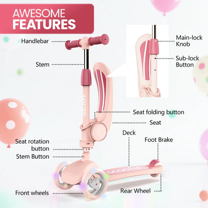 Sejoy Kids Scooter with 3-Wheeled LED Lights,Adjustable Lean-to-Steer Handlebar,Foldable Seat,Sit or Stand Ride,for 3-8 Years