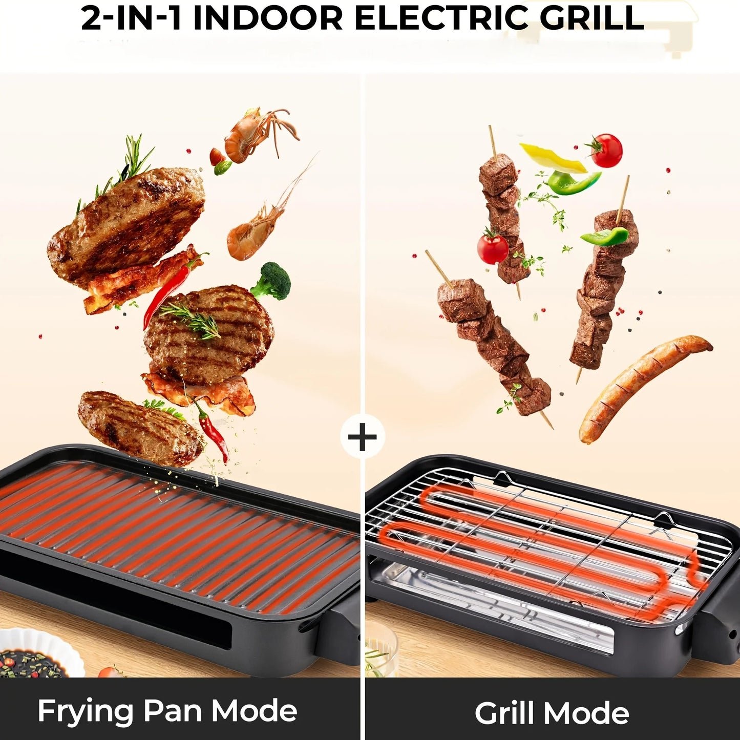 1500W Smokeless Electric Grill with Removable Non-Stick Griddle - Indoor Portable BBQ Grill with Adjustable Temperature Control