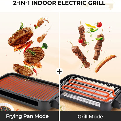 1500W Smokeless Electric Grill with Removable Non-Stick Griddle - Indoor Portable BBQ Grill with Adjustable Temperature Control