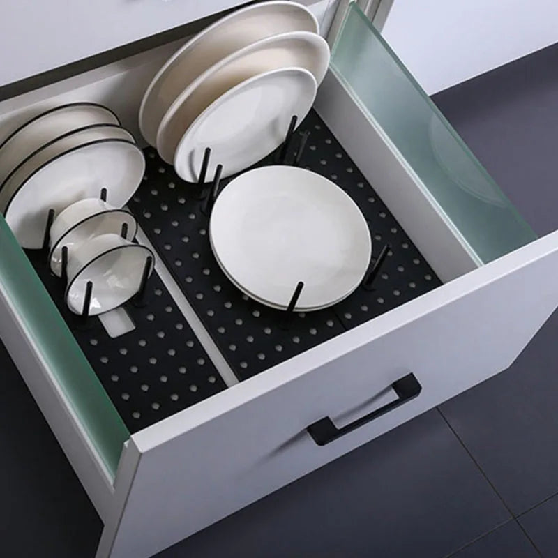 Drawer Retractable Tableware Rack  Pegboard Drawer Organizers  For Kitchen Adjustable Dish Plate Storage